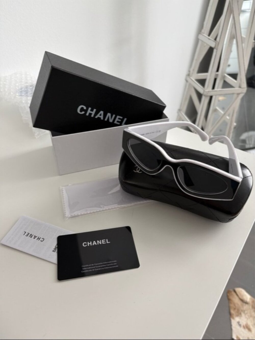 CHANEL Black Lenses with White Cat-Eye Frame Sunglasses